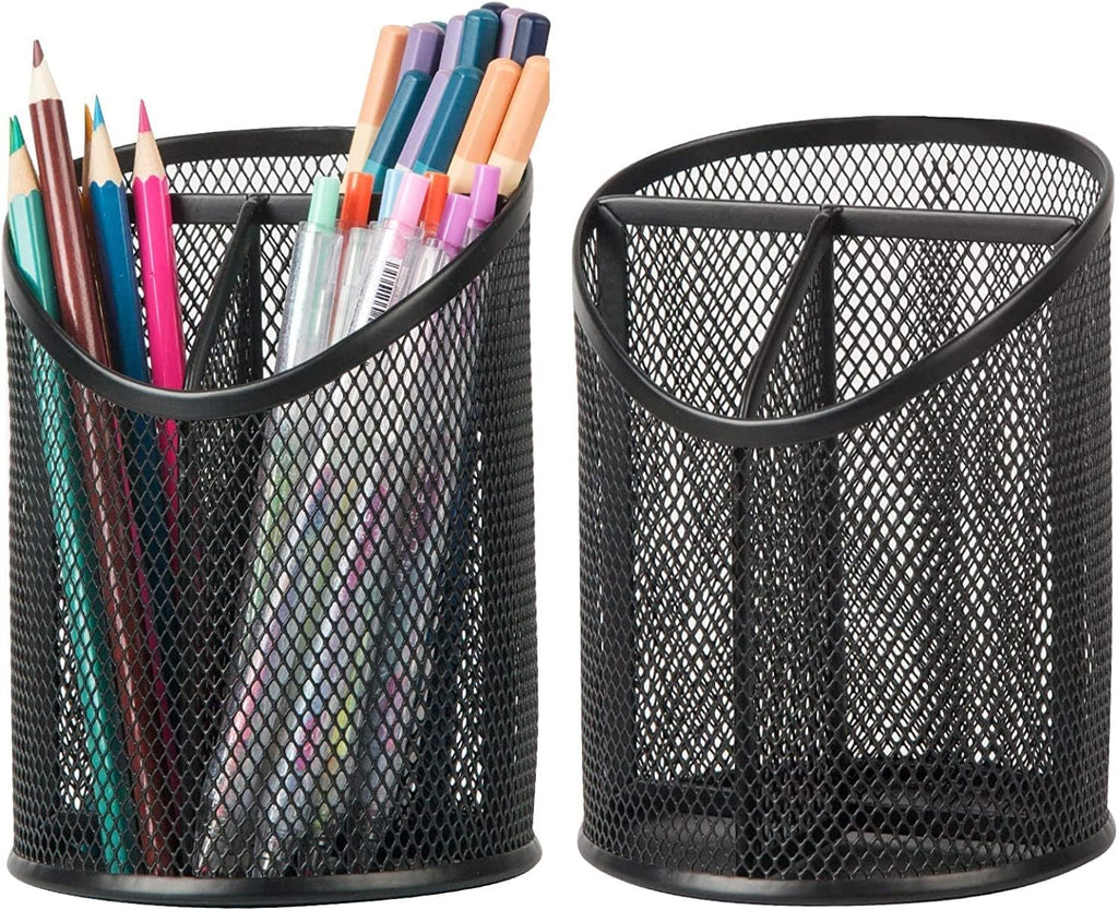 2 Pack Pen Holder Mesh Round Pencil Holder Desktop Organizer with 3 Compartments – Retail Promo
