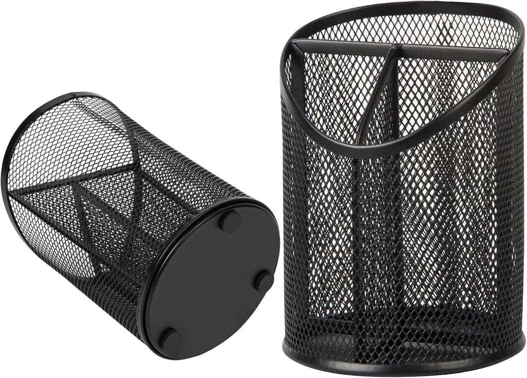 2 Pack Pen Holder Mesh Round Pencil Holder Desktop Organizer with 3 Compartments – Retail Promo