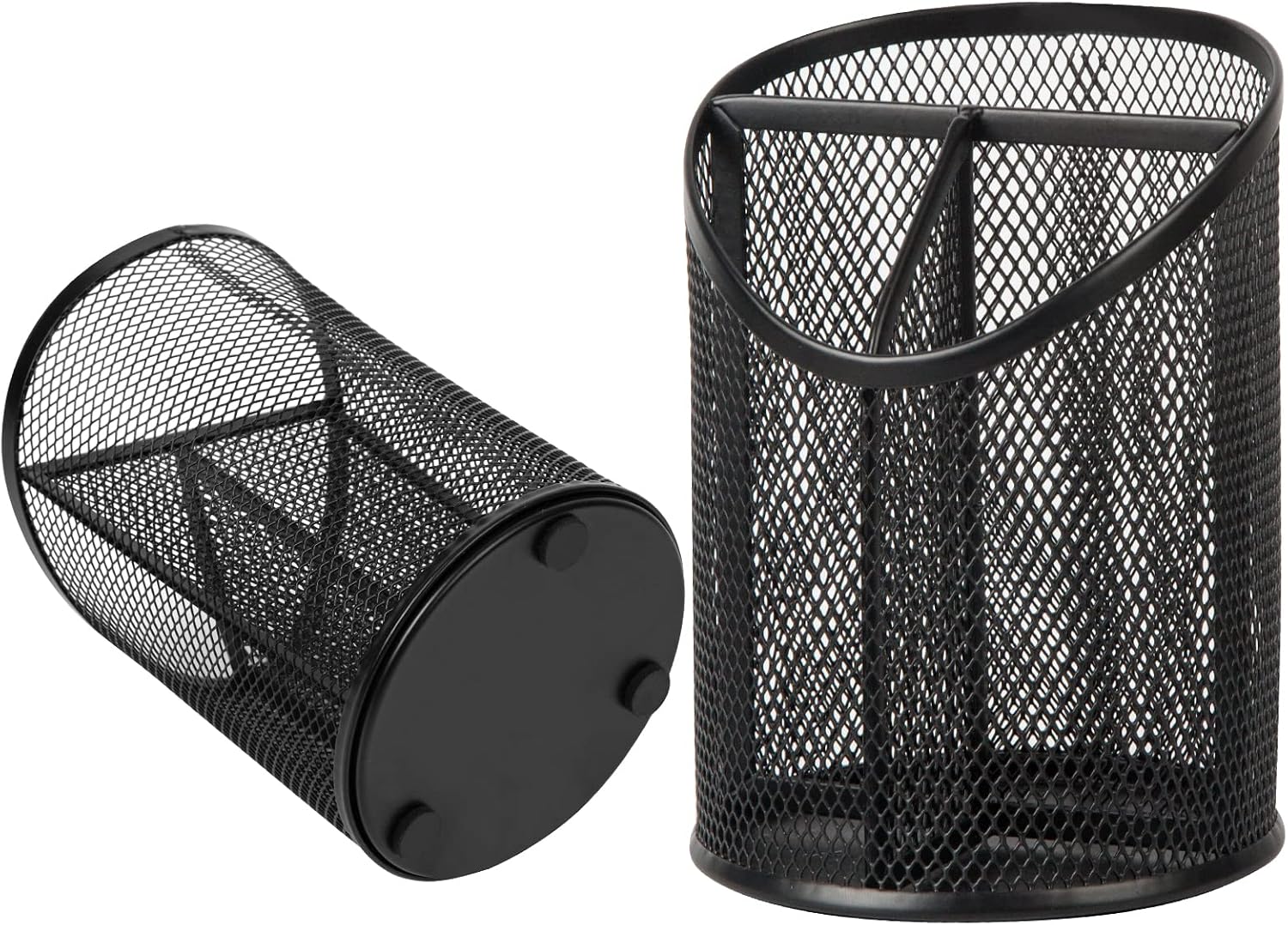 2 Pack Pen Holder Mesh Round Pencil Holder Desktop Organizer with 3 Compartments – Retail Promo