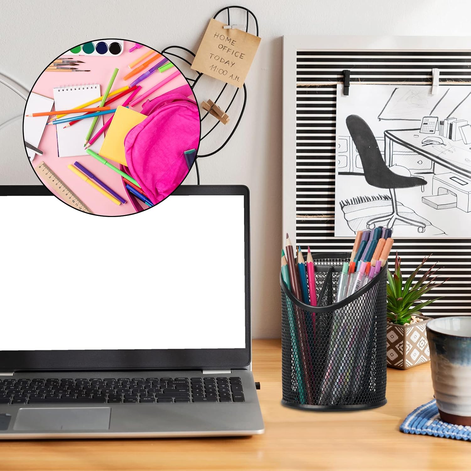 2 Pack Pen Holder Mesh Round Pencil Holder Desktop Organizer with 3 Compartments – Retail Promo